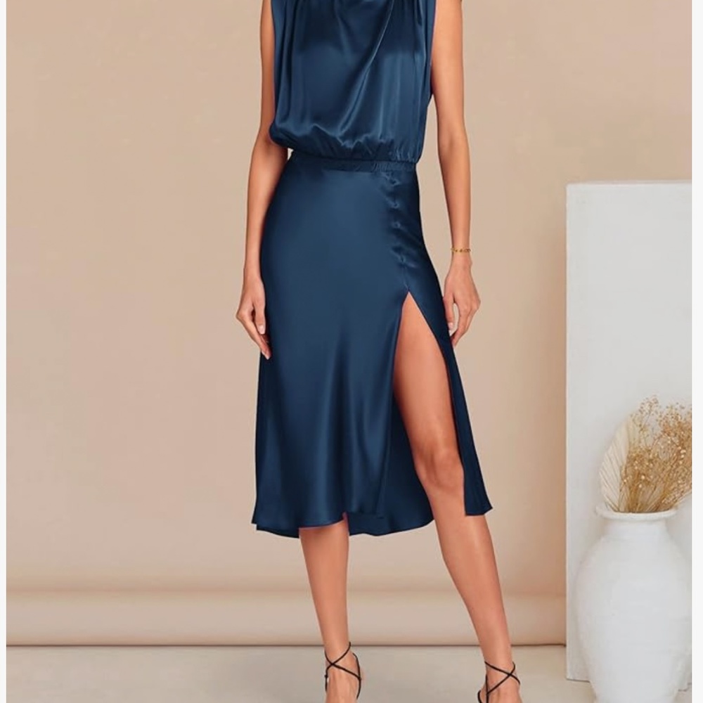 PRETTYGARDEN Women Summer Formal Mock Neck Sleeveless Satin Dress Elastic Waist